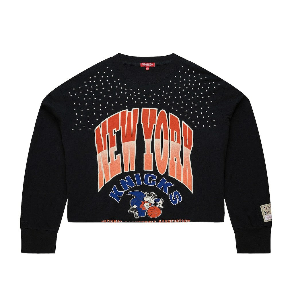 New York Knicks Women's Hardwood Classics Studded Boxy Cropped Long Sleeve T-Shirt Black - Mitchell & Ness