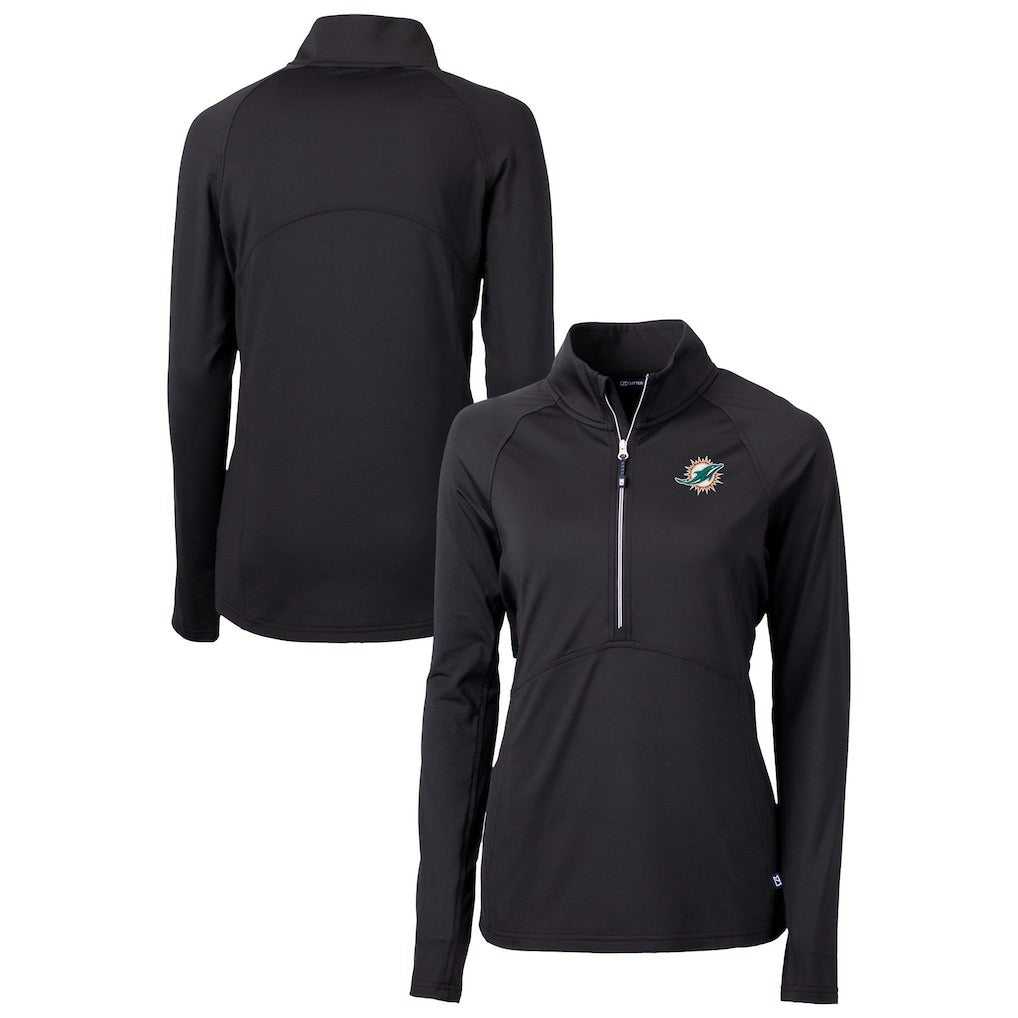 Miami Dolphins Cutter & Buck Women's DryTec Adapt Eco Knit Stretch Recycled Raglan Half-Zip Top - Black Tops