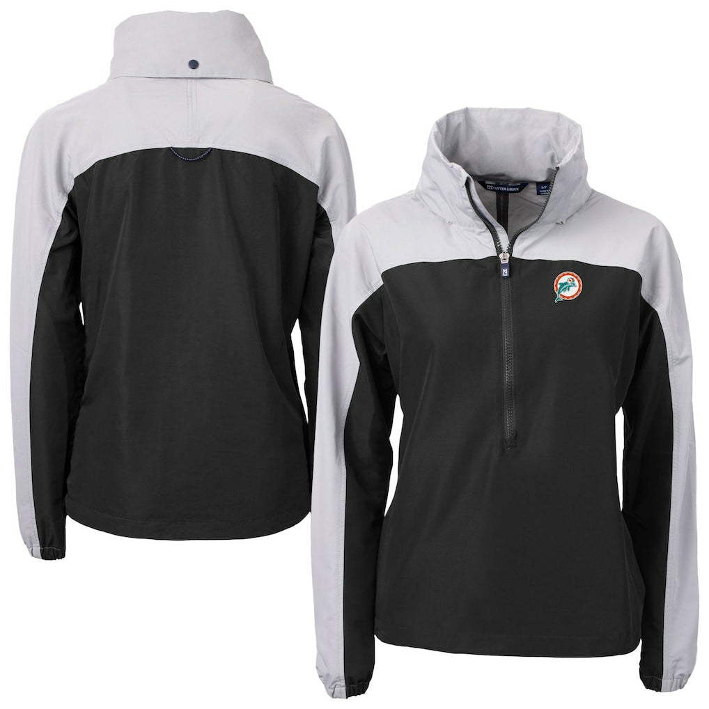 Miami Dolphins Cutter & Buck Women's Charter Eco Recycled Half-Zip Hooded Anorak Jacket - Black Jackets