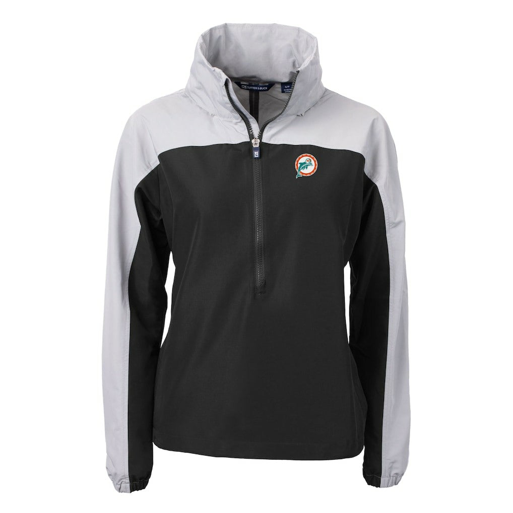 Miami Dolphins Cutter & Buck Women's Charter Eco Recycled Half-Zip Hooded Anorak Jacket - Black Jackets