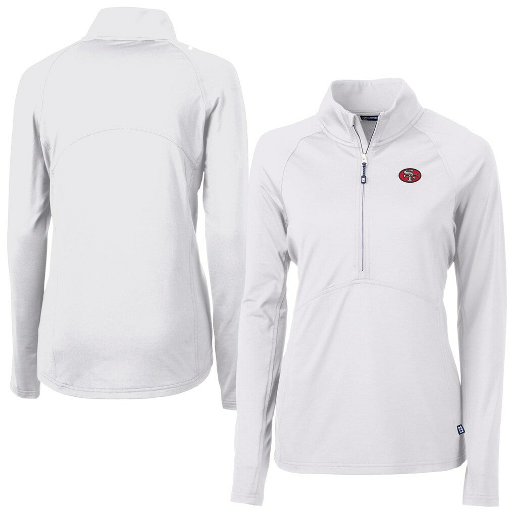 San Francisco 49ers Cutter & Buck Women's Adapt Eco Knit Stretch Recycled Raglan Half-Zip Top - White Tops