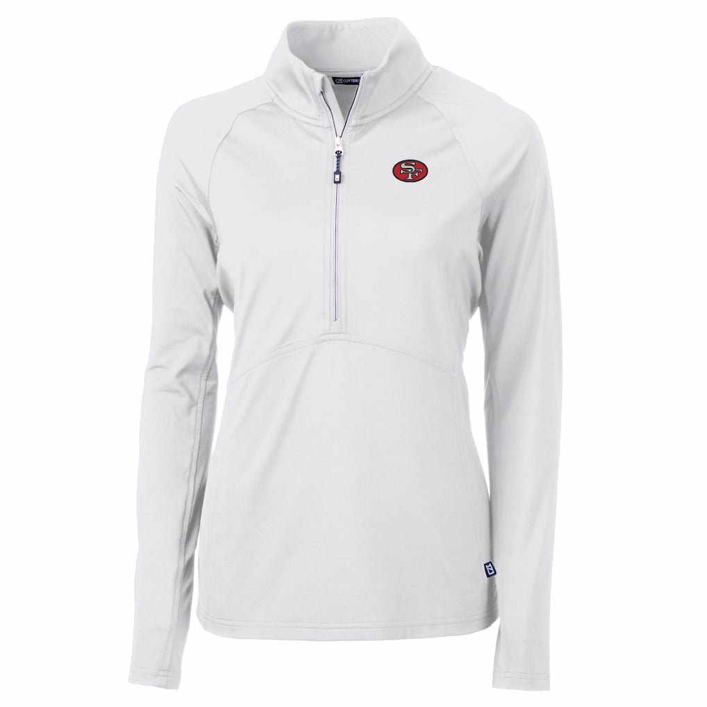 San Francisco 49ers Cutter & Buck Women's Adapt Eco Knit Stretch Recycled Raglan Half-Zip Top - White Tops