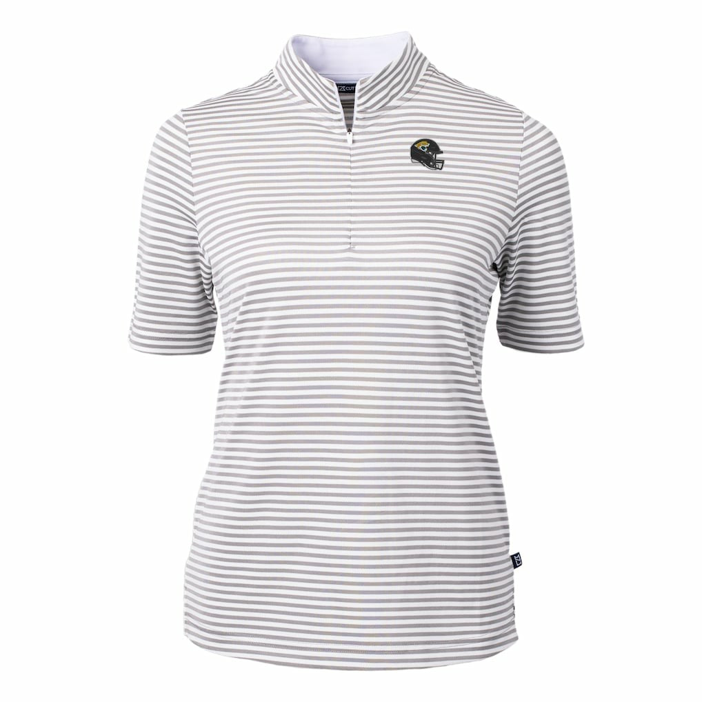 Jacksonville Jaguars Cutter & Buck Women's Virtue Eco Pique Stripe Recycled Quarter-Zip Top - Gray Tops