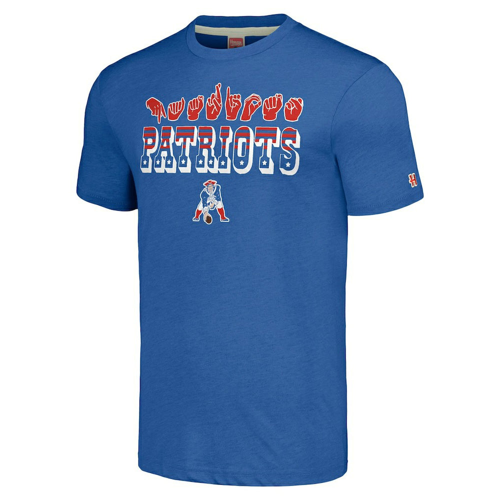 New England Patriots Homage Unisex The NFL ASL Collection by Love Sign American Sign Language T-Shirt - Blue T-shirts