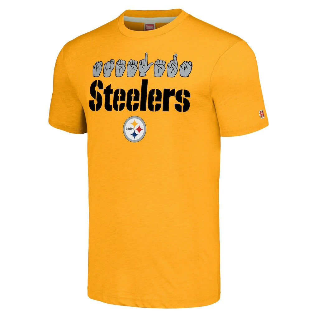 Pittsburgh Steelers Homage Unisex The NFL ASL Collection by Love Sign American Sign Language T-Shirt - Gold T-shirts