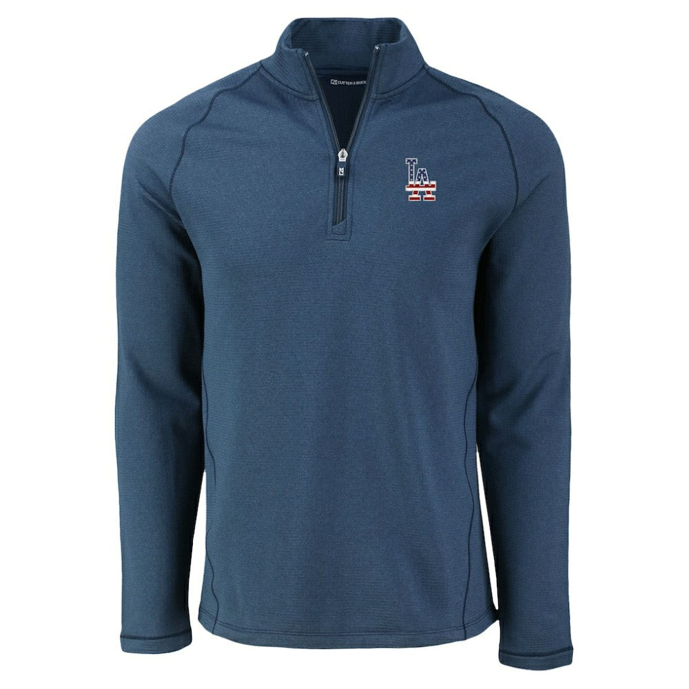 Los Angeles Dodgers Cutter & Buck Peshastin Eco Fleece Recycled Raglan Quarter-Zip Top - Heather Navy Tops