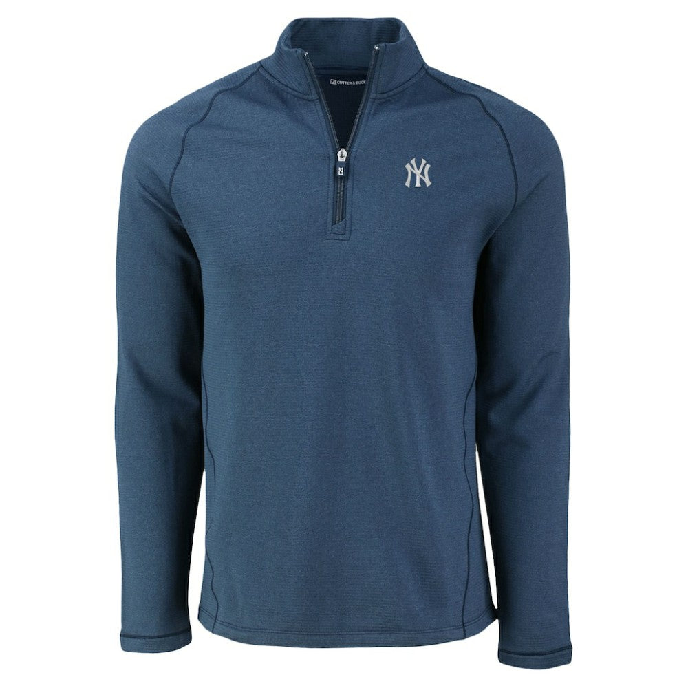 New York Yankees Cutter & Buck Peshastin Eco Fleece Recycled Raglan Quarter-Zip Top - Heather Navy Tops