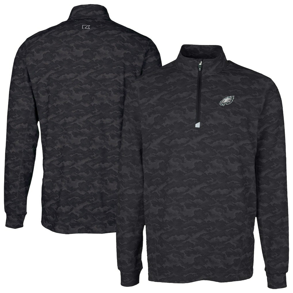 Philadelphia Eagles Cutter & Buck Traverse Camo Print Stretch Quarter-Zip Top - Black Tops