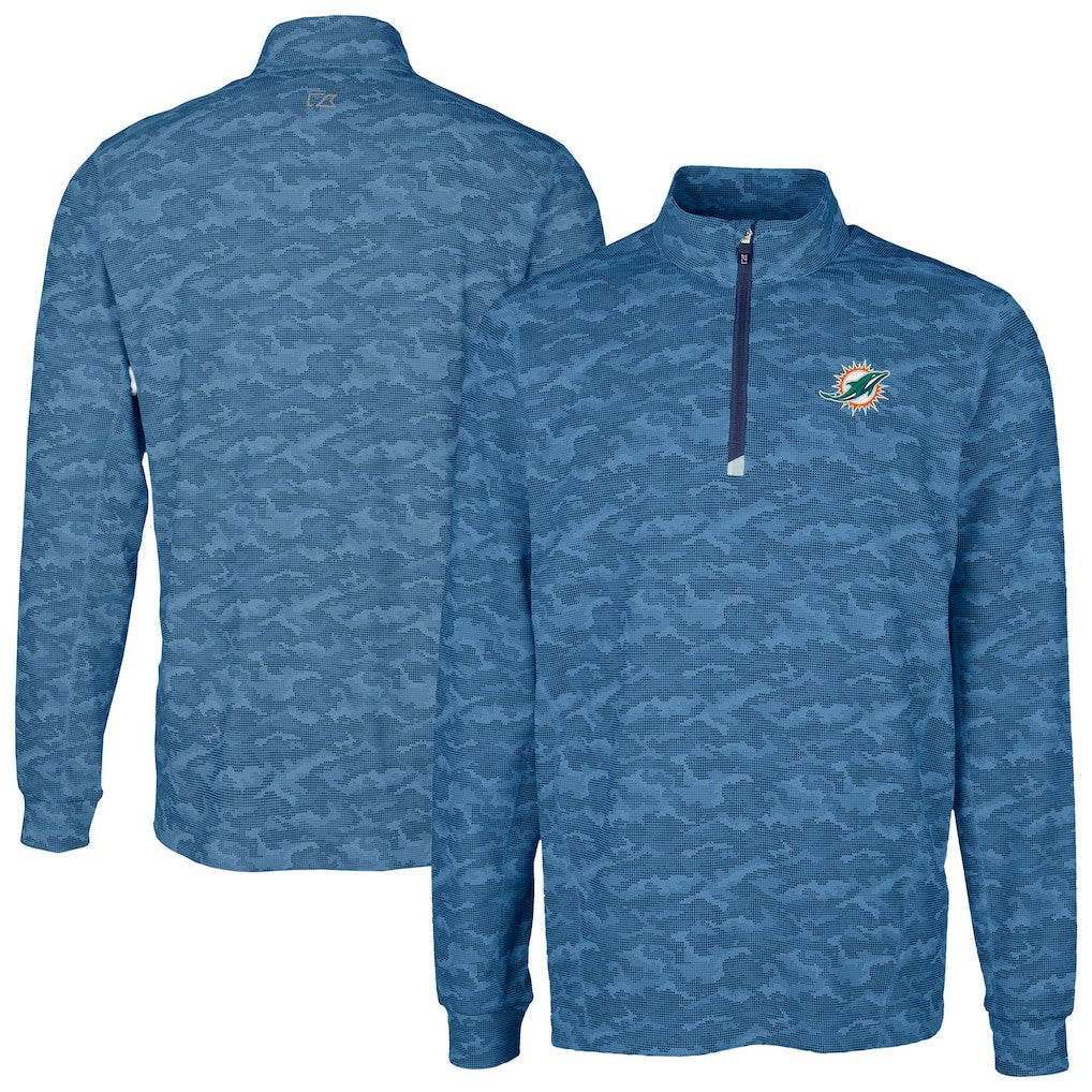 Miami Dolphins Cutter & Buck Traverse Camo Print Stretch Quarter-Zip Top - Navy Tops