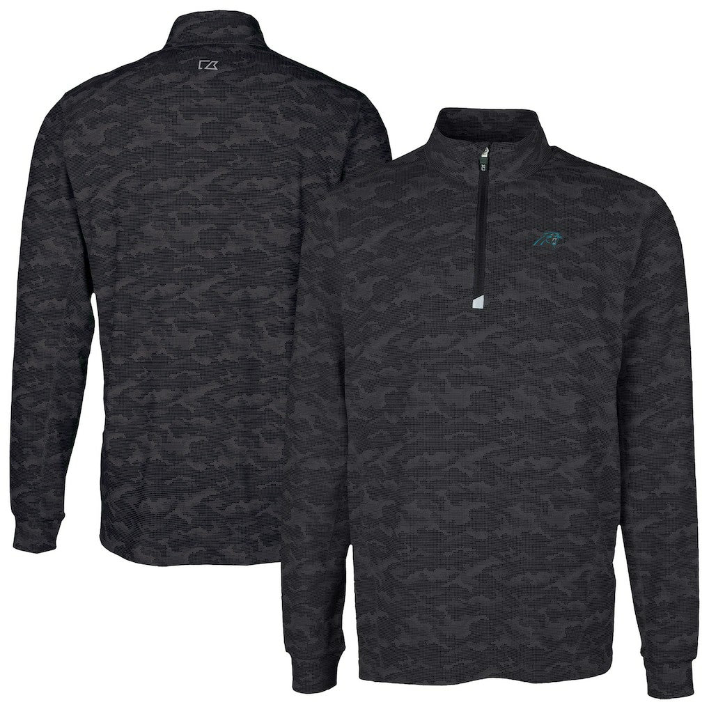 Carolina Panthers Cutter & Buck Traverse Camo Print Stretch Quarter-Zip Top - Black Tops