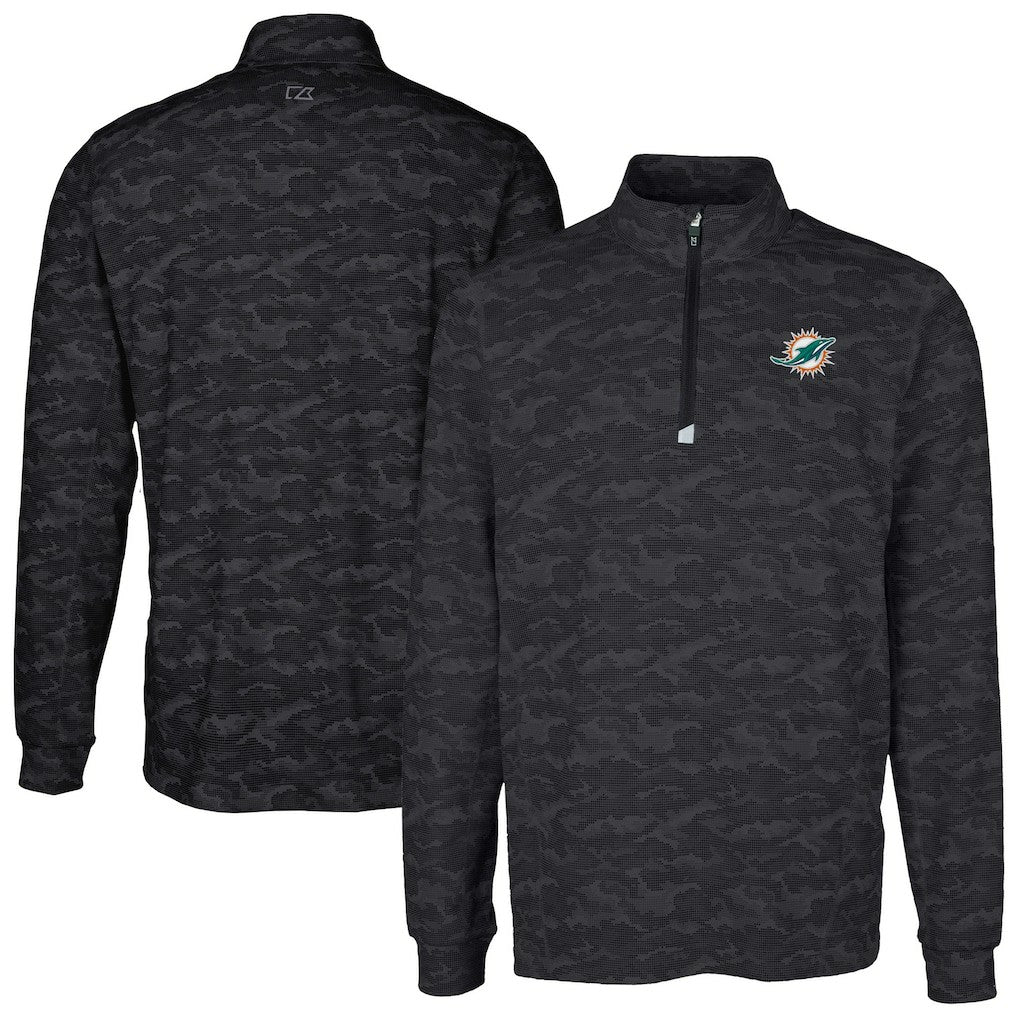Miami Dolphins Cutter & Buck Big & Tall Traverse Eco Camo Tri-Blend DryTec Quarter-Zip Jacket - Black Jackets