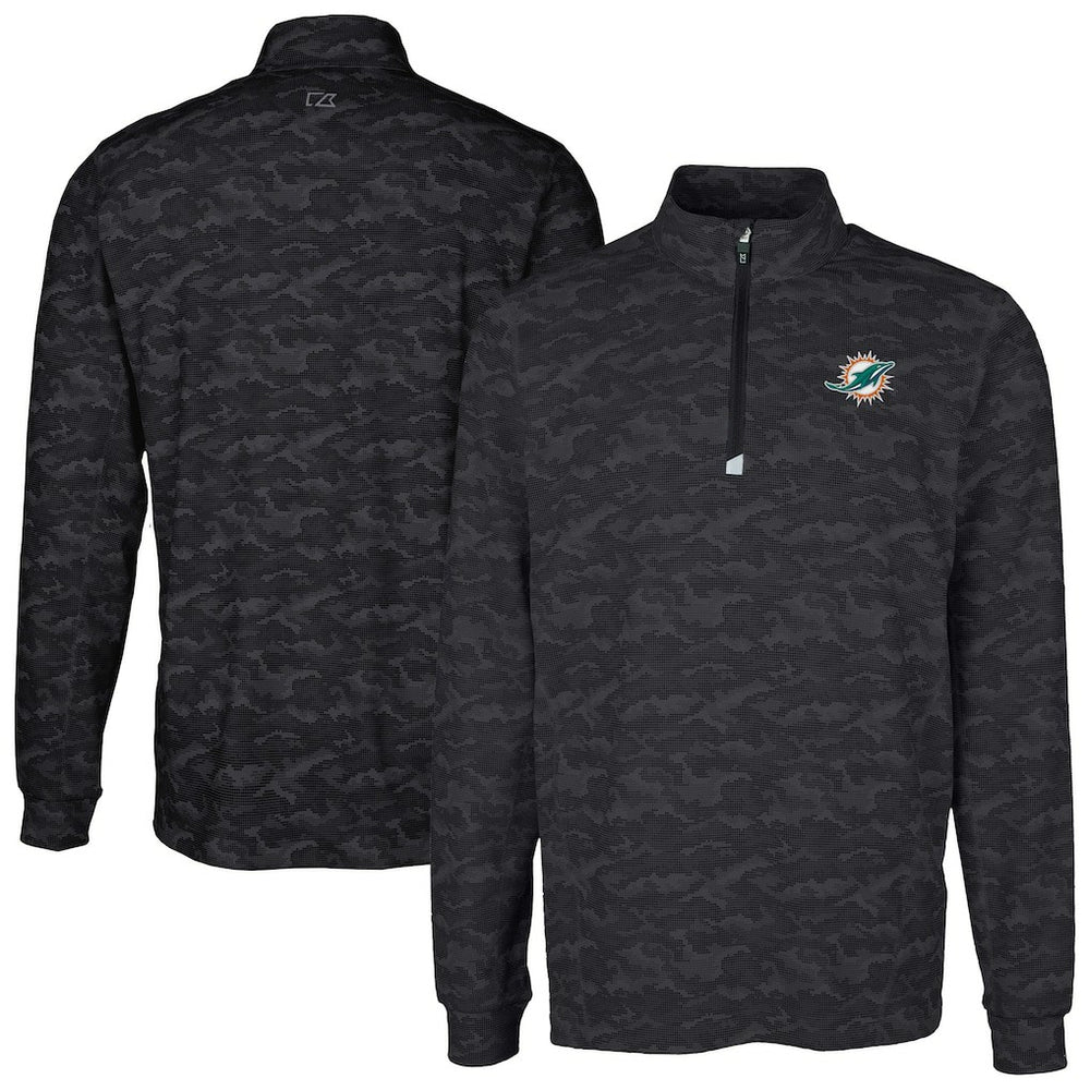 Miami Dolphins Cutter & Buck Big & Tall Traverse Eco Camo Tri-Blend DryTec Quarter-Zip Jacket - Black Jackets