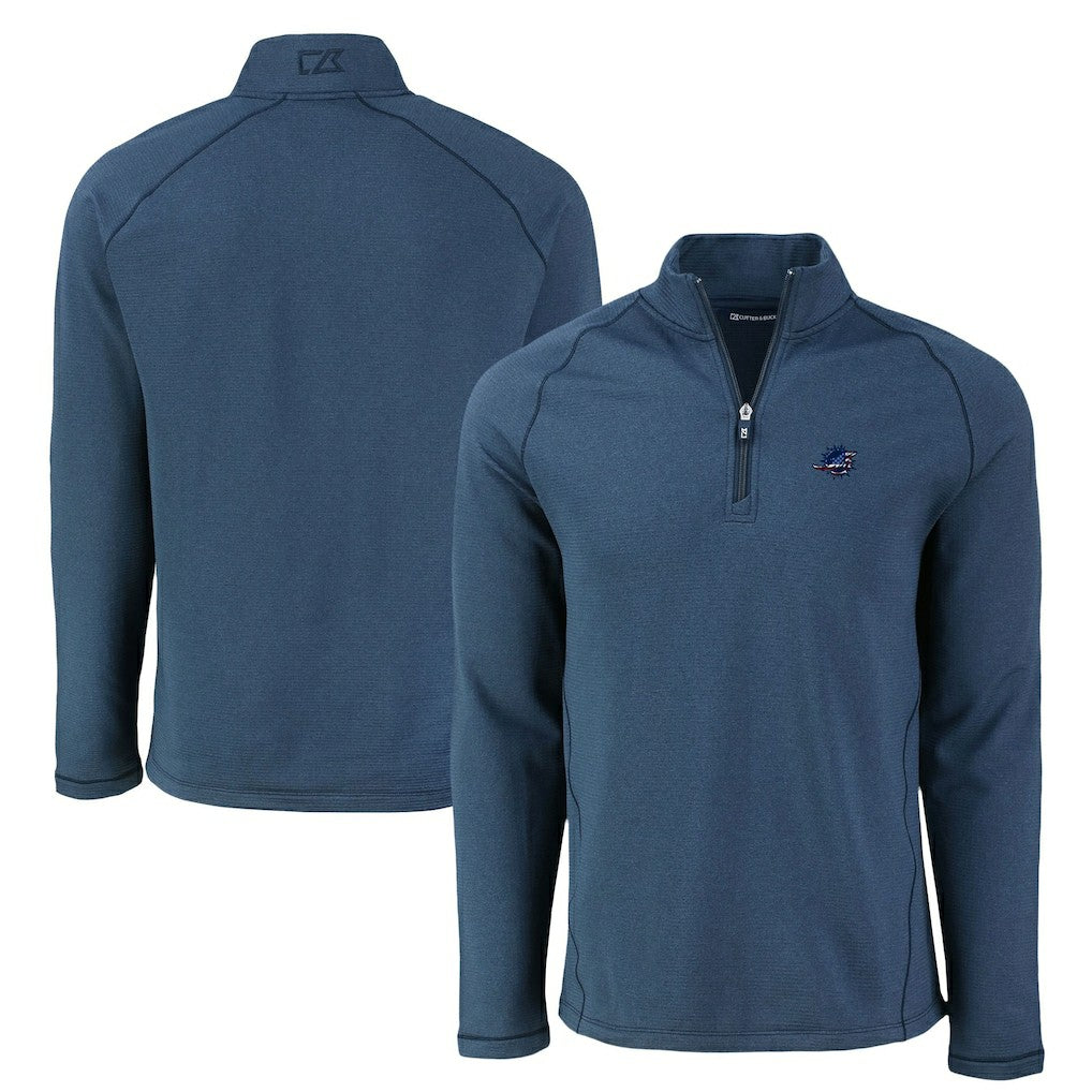 Miami Dolphins Cutter & Buck Peshastin Eco Fleece Tri-Blend Raglan Recycled Quarter-Zip Jacket - Heather Navy Jackets