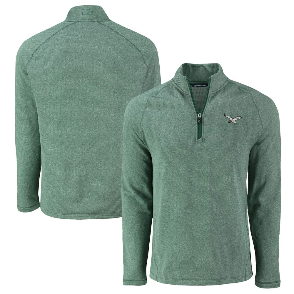 Philadelphia Eagles Cutter & Buck Peshastin Eco Fleece Tri-Blend Raglan Recycled Quarter-Zip Jacket - Heather Kelly Green Jackets