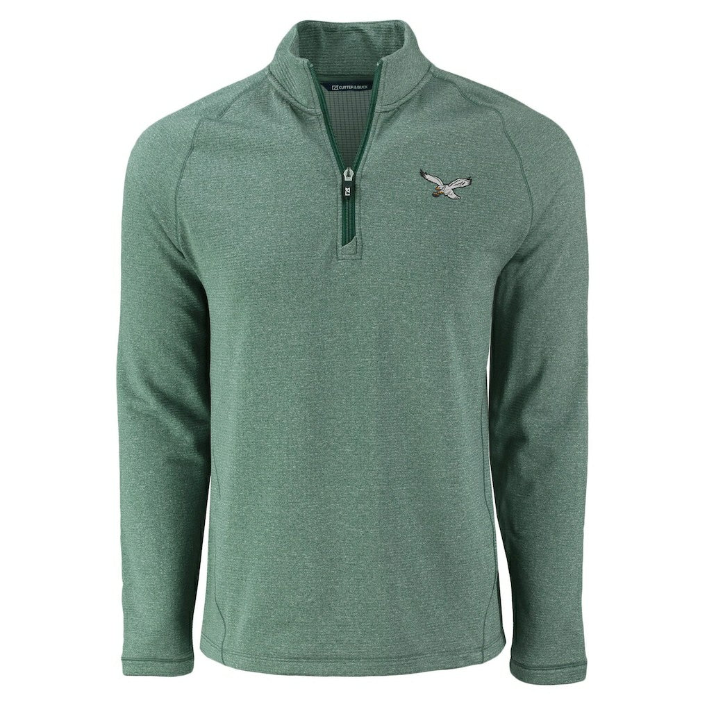 Philadelphia Eagles Cutter & Buck Peshastin Eco Fleece Tri-Blend Raglan Recycled Quarter-Zip Jacket - Heather Kelly Green Jackets