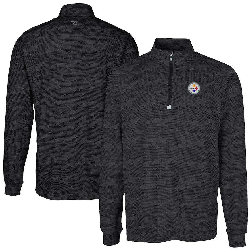 Pittsburgh Steelers Cutter & Buck Big & Tall Traverse Eco Camo Tri-Blend DryTec Quarter-Zip Jacket - Black Jackets