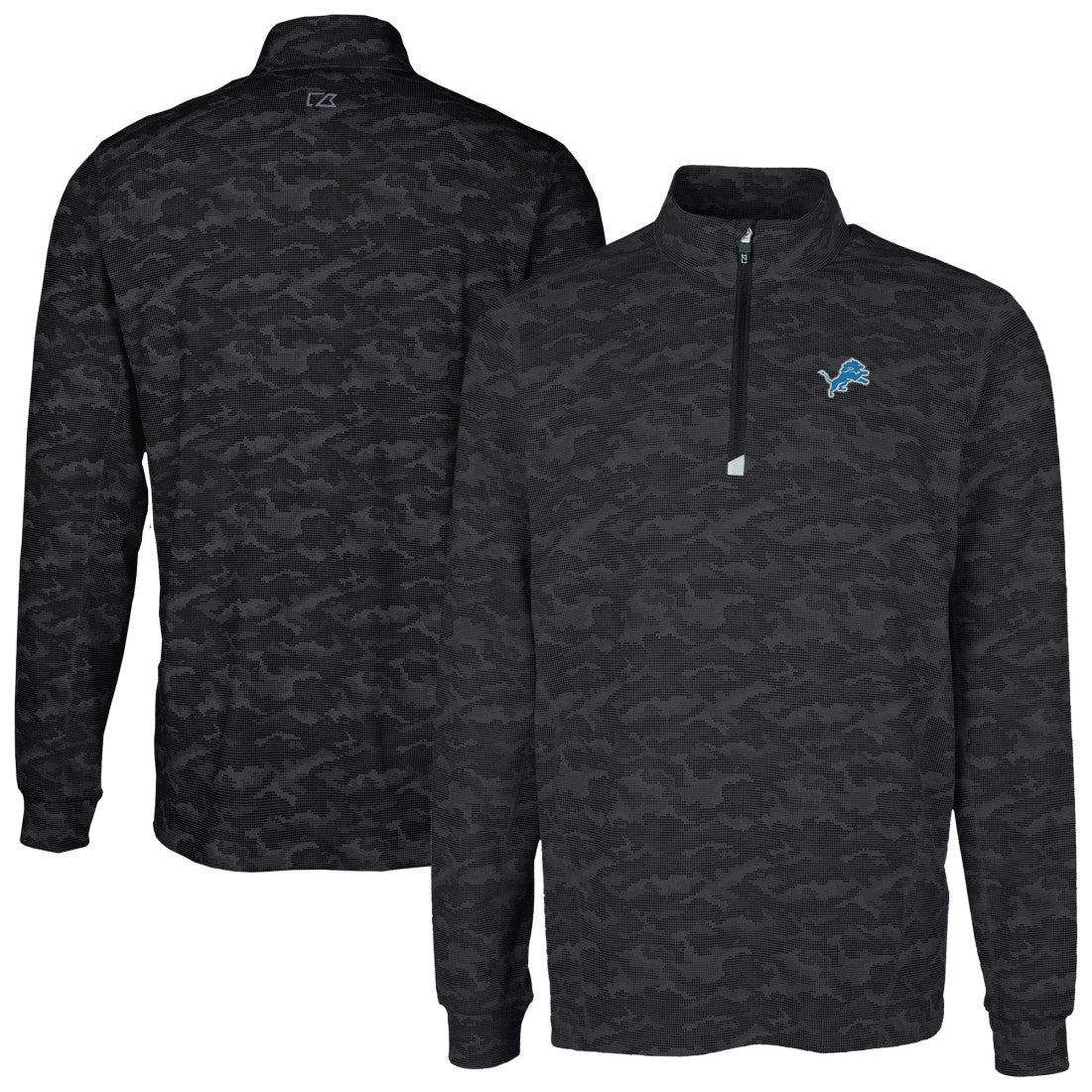 Detroit Lions Cutter & Buck Big & Tall Traverse Eco Camo Tri-Blend DryTec Quarter-Zip Jacket - Black Jackets