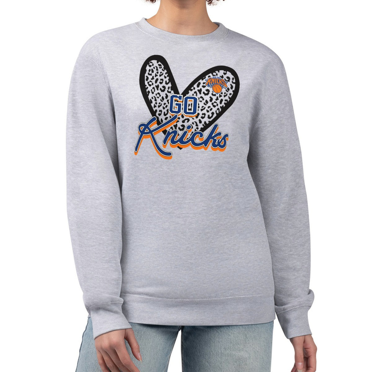 New York Knicks G-III 4Her by Carl Banks Women's Leopard Heart Fleece Pullover Sweatshirt Heather Gray outlet