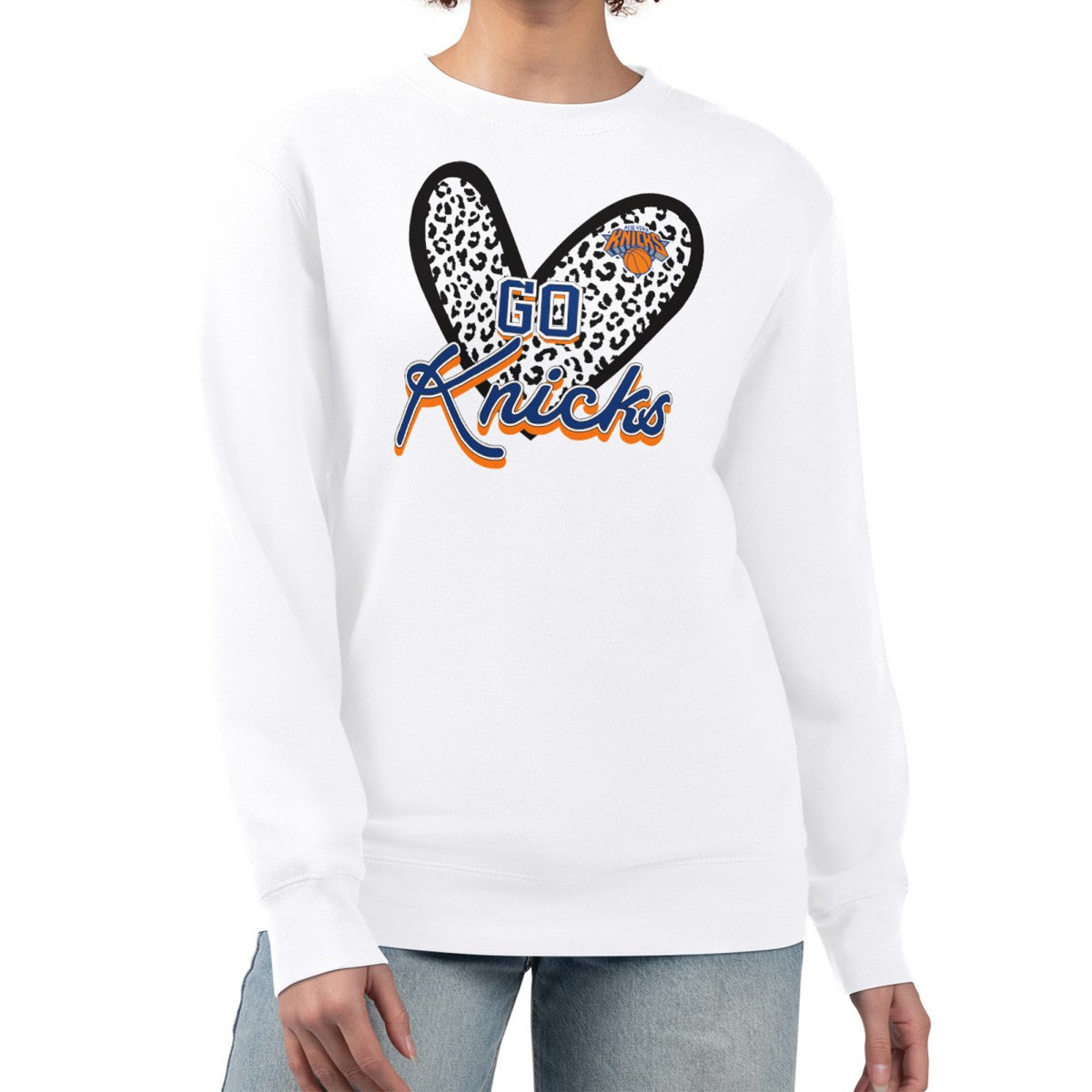 New York Knicks G-III 4Her by Carl Banks Women's Leopard Heart Fleece Pullover Sweatshirt White outlet
