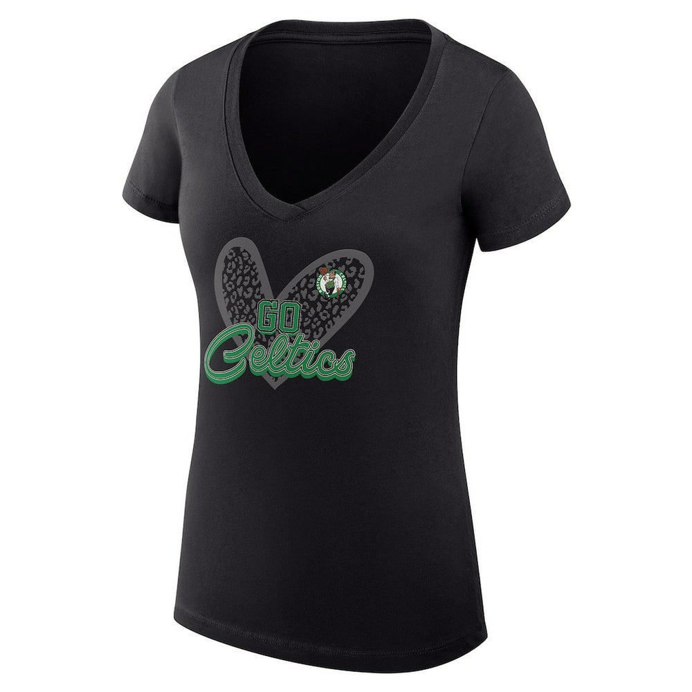 Boston Celtics G-III 4Her by Carl Banks Women's Super-Slim Fit Lightweight Leopard Heart V-Neck T-Shirt Black