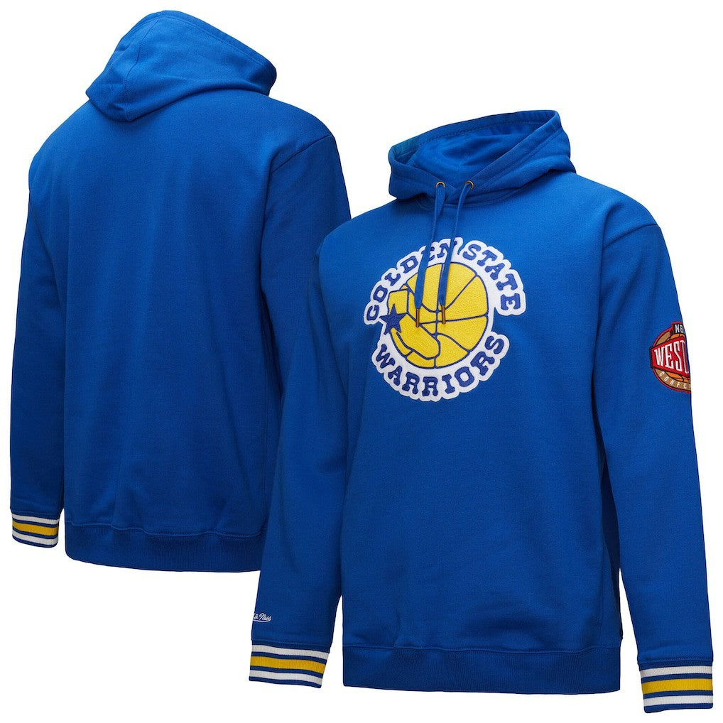 Golden State Warriors Chainstitch Applique Vintage Heavyweight Pullover Hoodie Royal - Mitchell & Ness