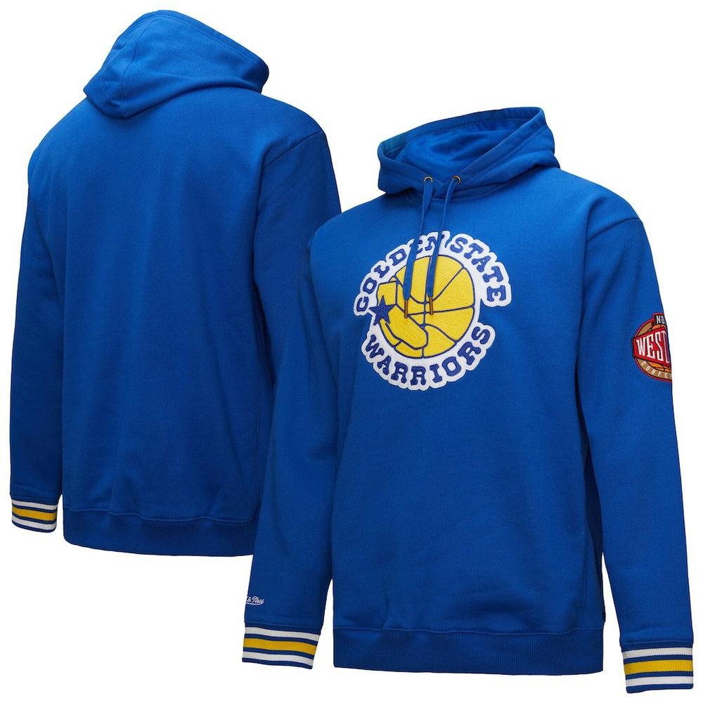 Golden State Warriors Chainstitch Applique Vintage Heavyweight Pullover Hoodie Royal - Mitchell & Ness