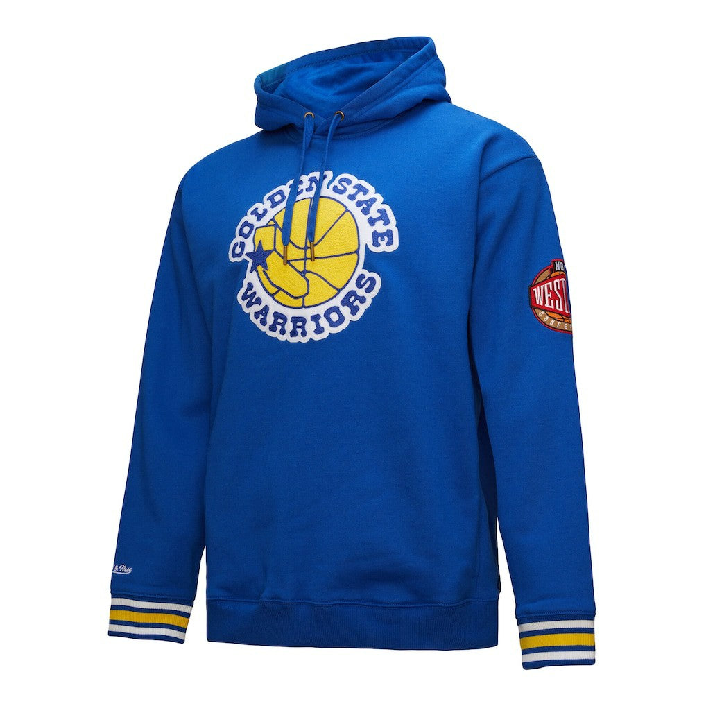 Golden State Warriors Chainstitch Applique Vintage Heavyweight Pullover Hoodie Royal - Mitchell & Ness
