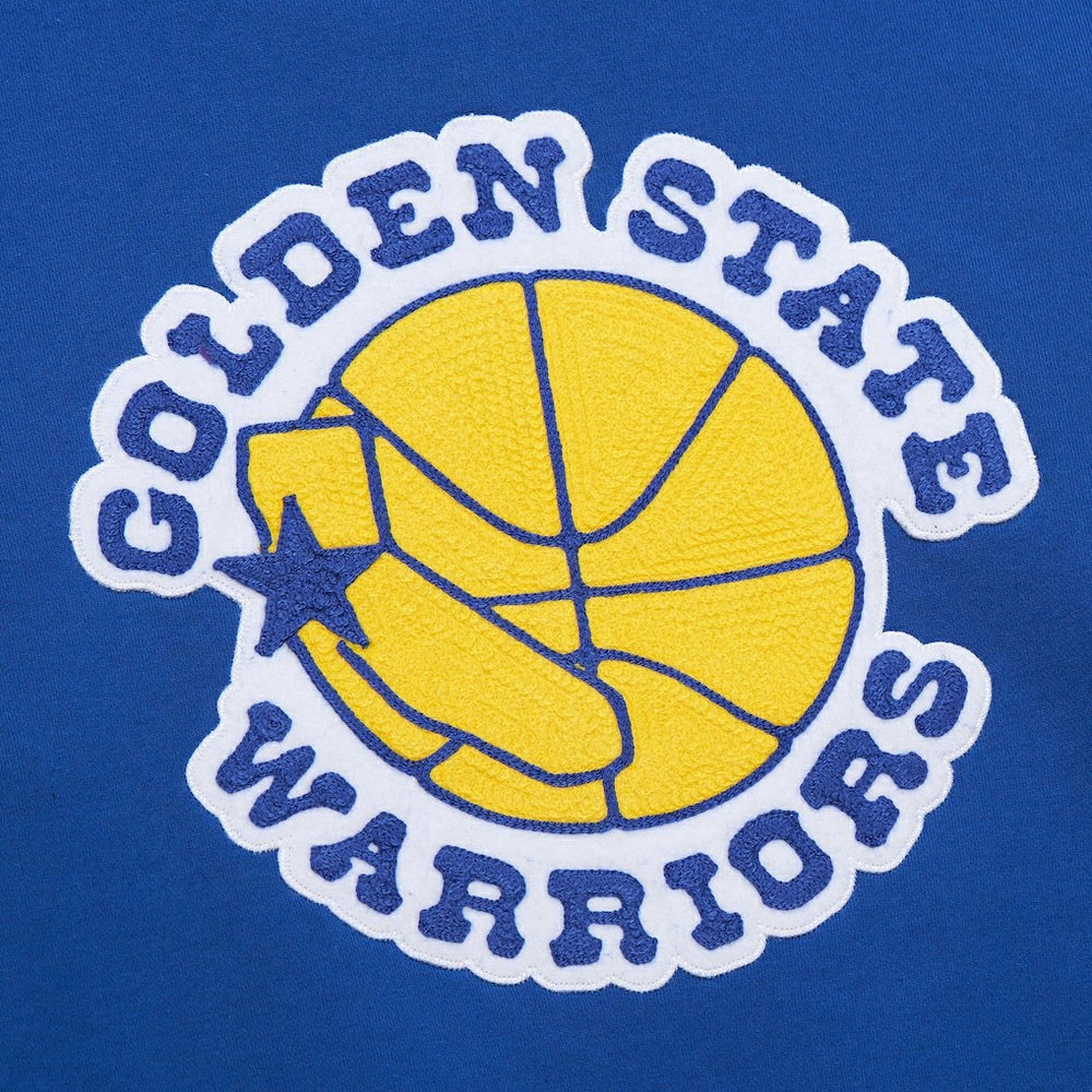 Golden State Warriors Chainstitch Applique Vintage Heavyweight Pullover Hoodie Royal - Mitchell & Ness