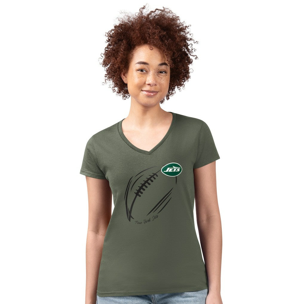 New York Jets G-III 4Her by Carl Banks Women's Super-Slim Fit Lightweight Subtle Football V-Neck T-Shirt - Olive T-shirts
