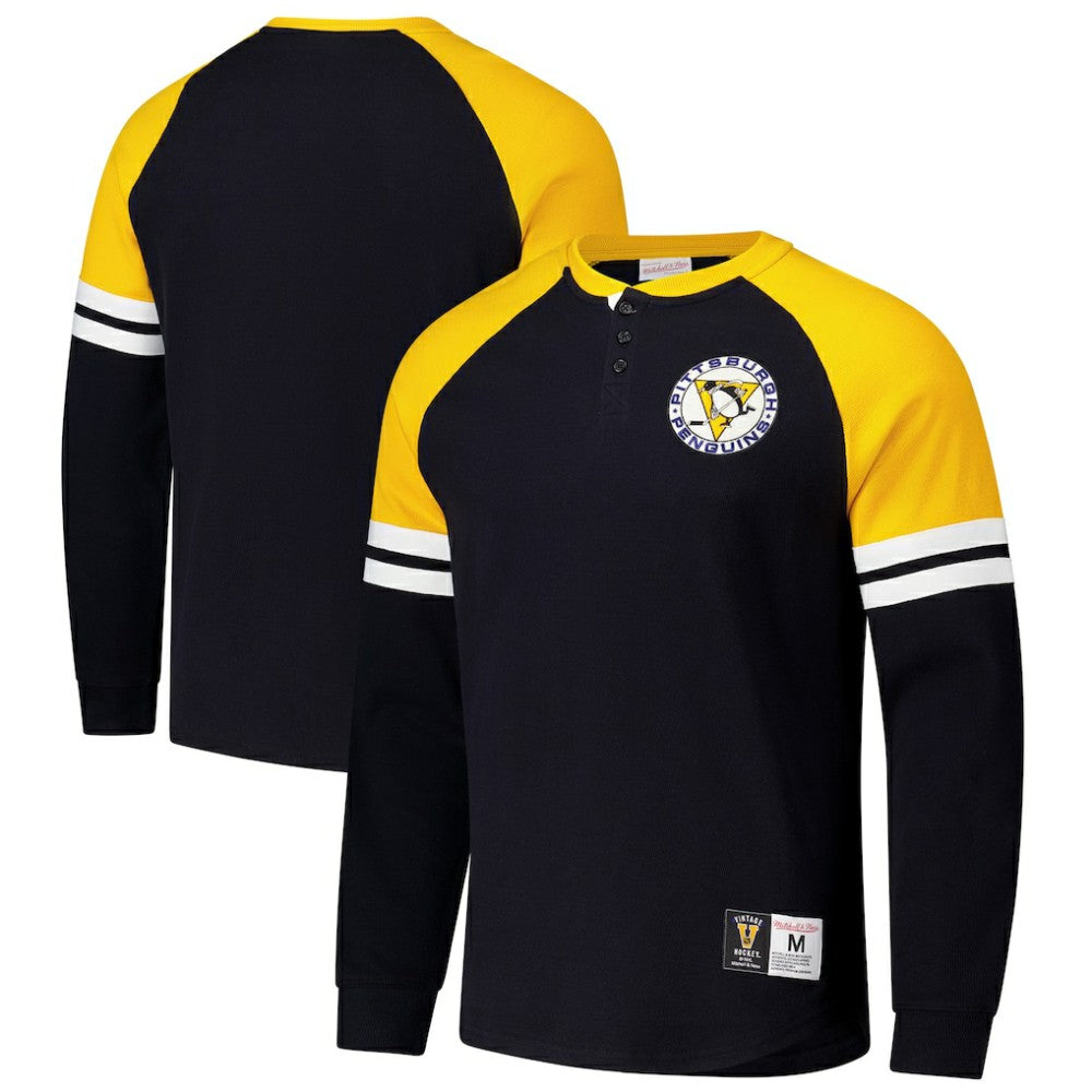 Pittsburgh Penguins Mitchell & Ness Thermal Henley Long Sleeve T-Shirt - Black | US 202122433
