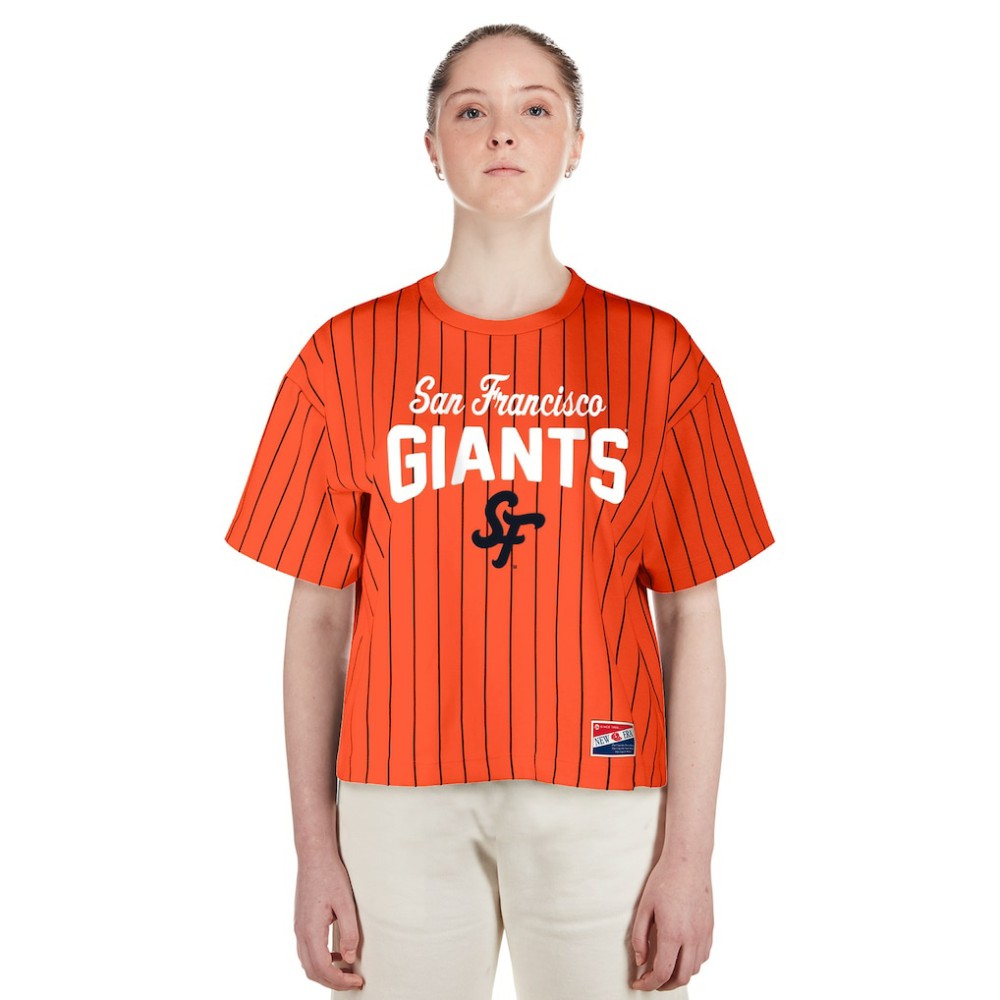 San Francisco Giants New Era Women's 2025 City Connect Boxy Pinstripe T-Shirt - Orange T-shirts