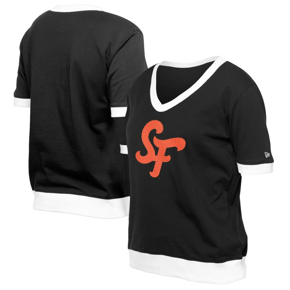 San Francisco Giants New Era Women's 2025 City Connect Rhinestone V-Neck T-Shirt - Black T-shirts