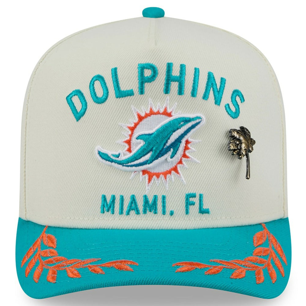 Miami Dolphins New Era 2025 NFL Draft A-Frame 59FIFTY Fitted Hat - Cream/Aqua Hats
