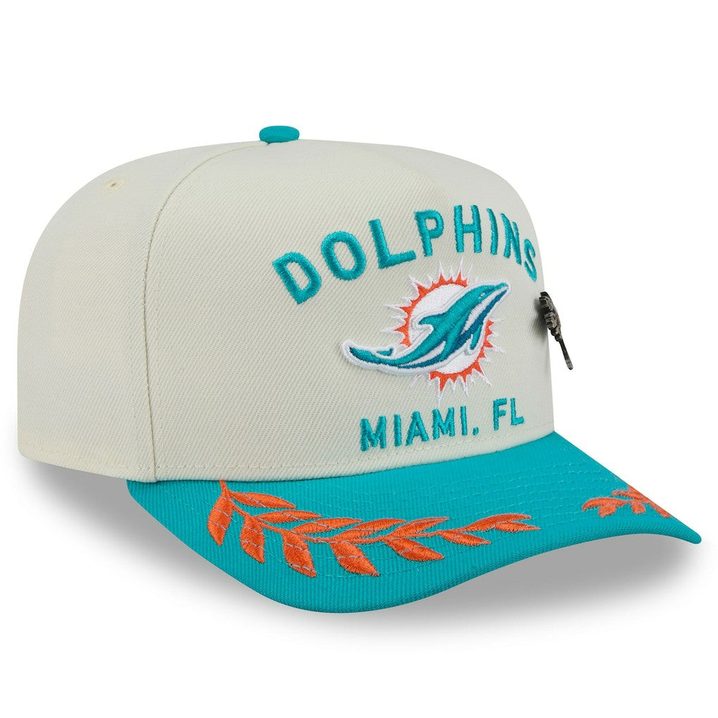 Miami Dolphins New Era 2025 NFL Draft A-Frame 59FIFTY Fitted Hat - Cream/Aqua Hats