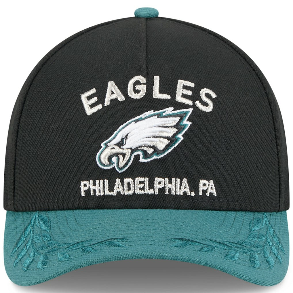 Philadelphia Eagles New Era 2025 NFL Draft 9FORTY A-Frame M-Crown Adjustable Hat - Black/Midnight Green Hats