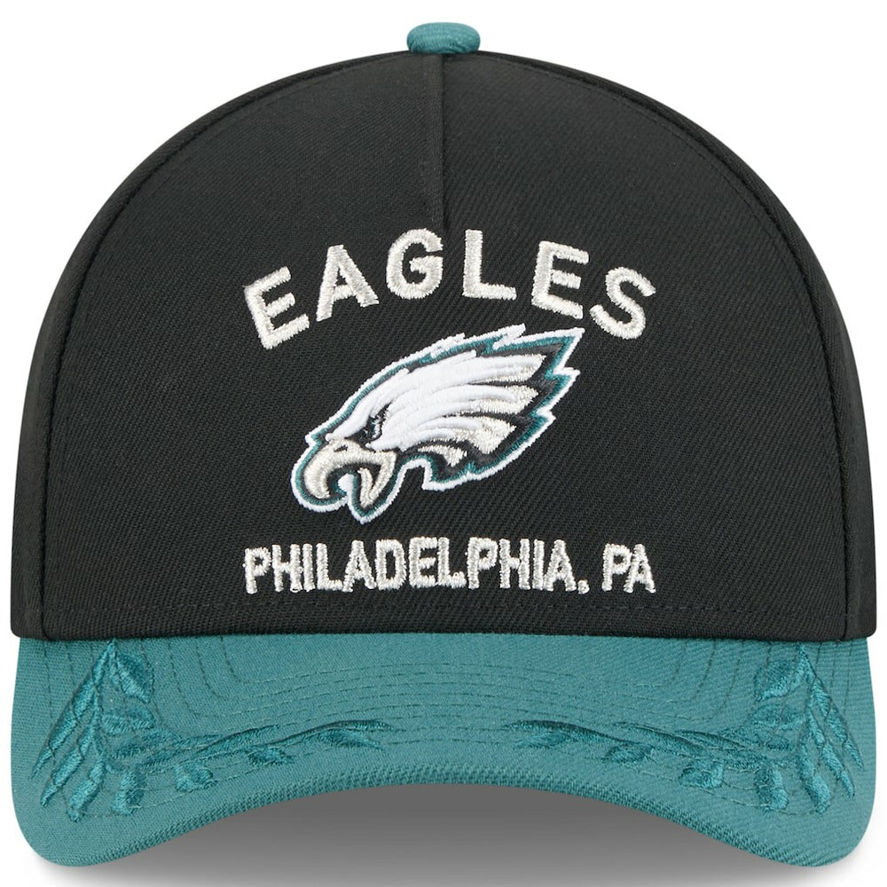 Philadelphia Eagles New Era 2025 NFL Draft 9FORTY A-Frame M-Crown Adjustable Hat - Black/Midnight Green Hats