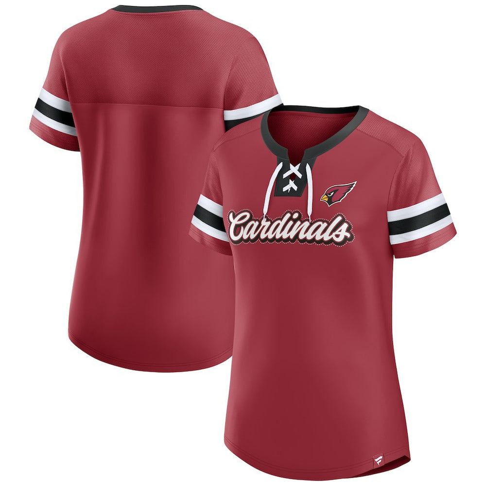 Arizona Cardinals Women's Iconic Bling Athena Lace-Up V-Neck T-Shirt - Cardinal T-shirts