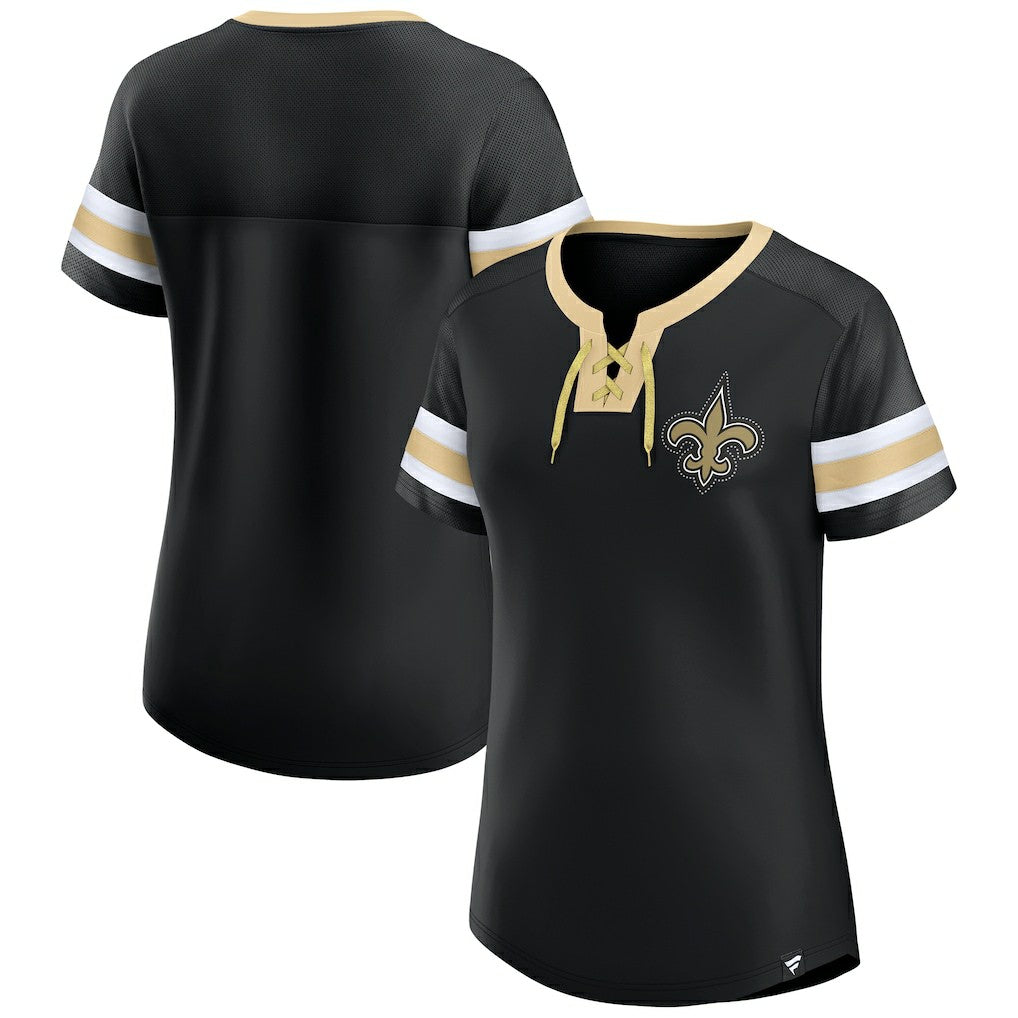 New Orleans Saints Women's Bling Athena Jersey Style Lace-up T-Shirt - Black T-shirts