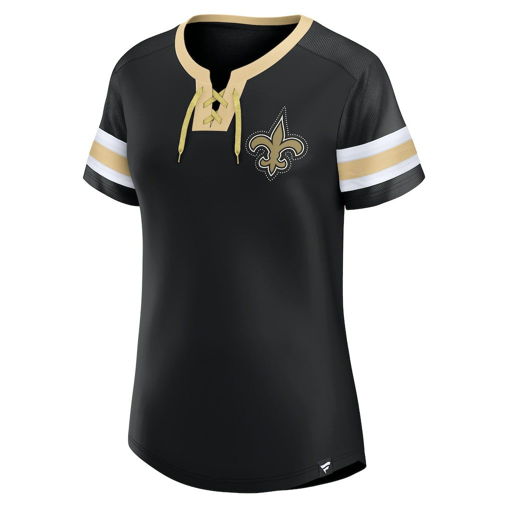 New Orleans Saints Women's Bling Athena Jersey Style Lace-up T-Shirt - Black T-shirts