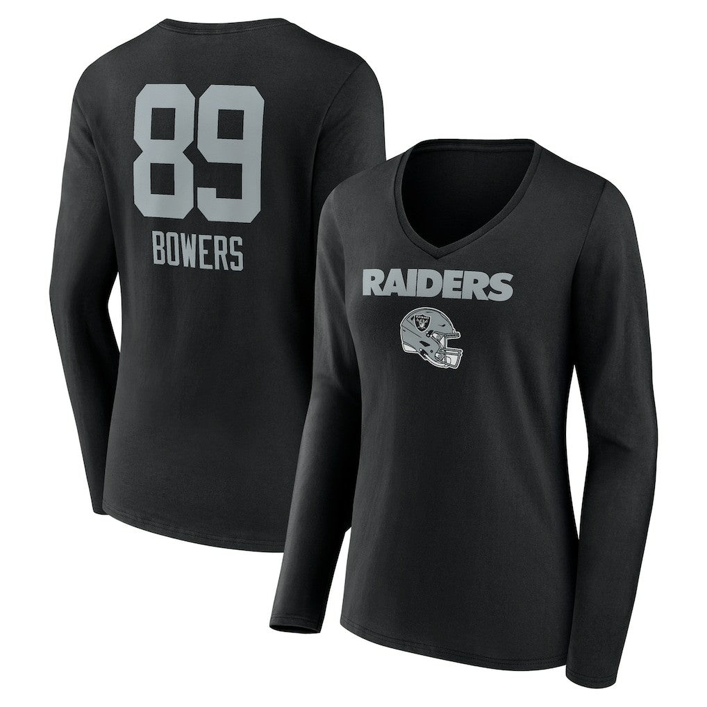 Brock Bowers Las Vegas Raiders Women's Name & Number Team Wordmark Long Sleeve V-Neck T-Shirt - Black T-shirts