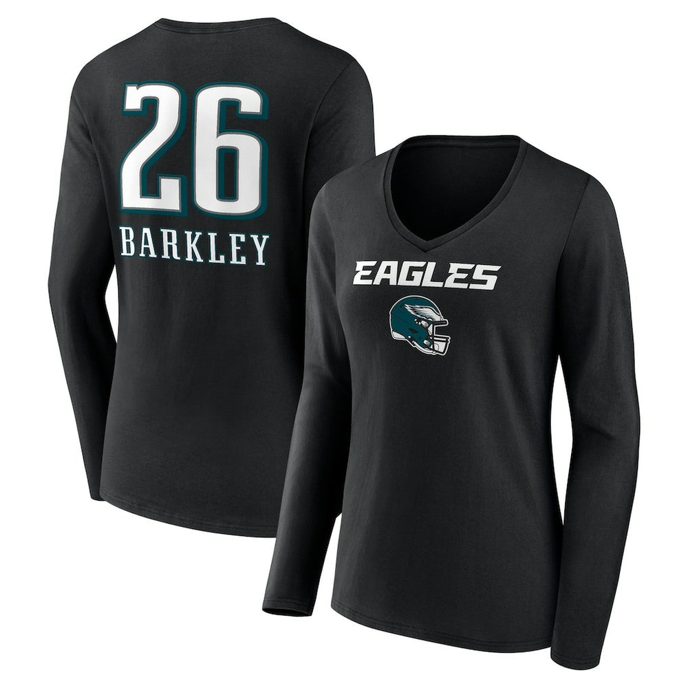 Saquon Barkley Philadelphia Eagles Women's Name & Number Team Wordmark Long Sleeve V-Neck T-Shirt - Black T-shirts