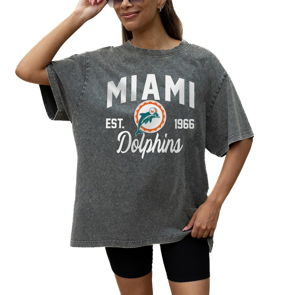 Miami Dolphins Gameday Couture Women's Throwback Oversized Snow Wash T-Shirt - Grey T-shirts