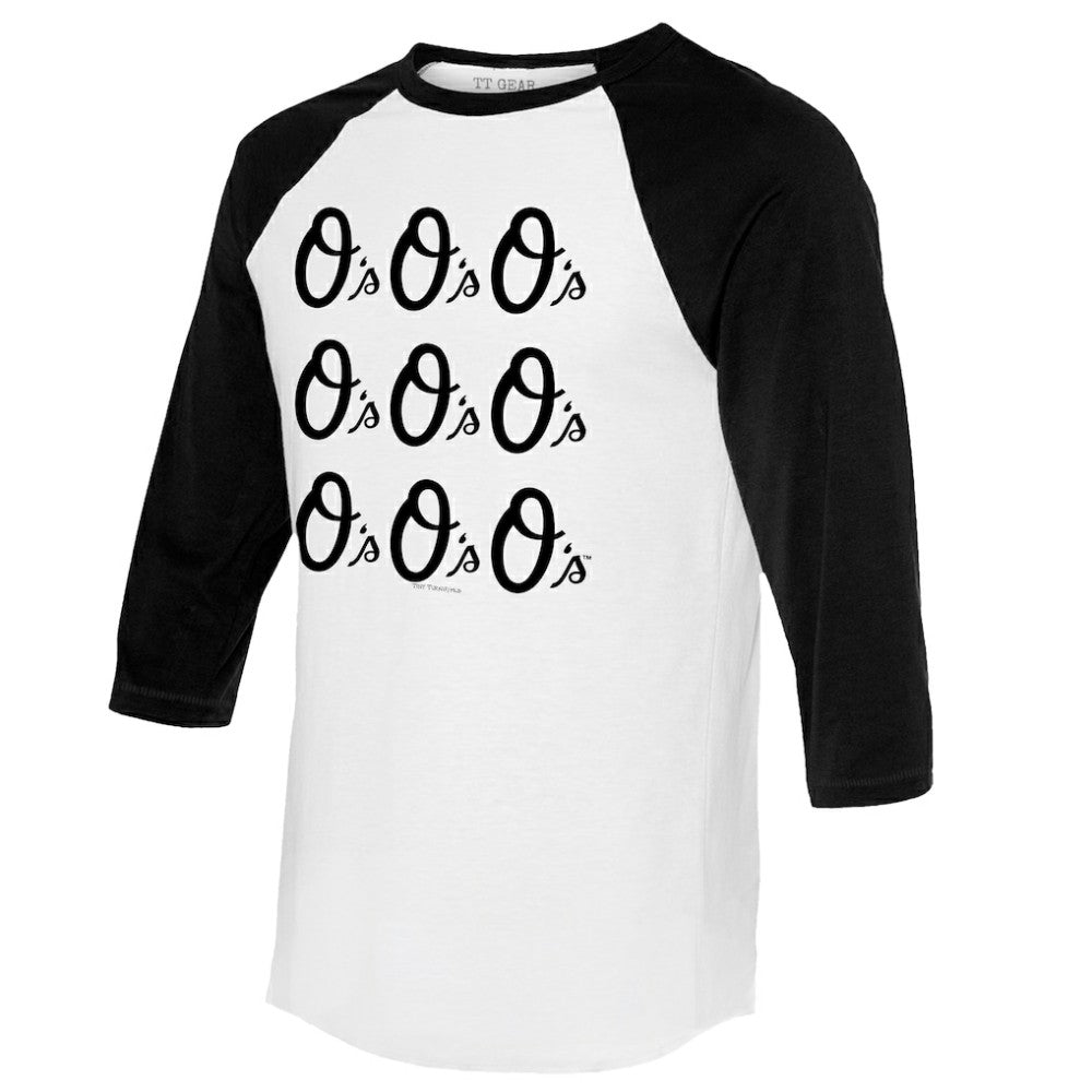 Baltimore Orioles Tiny Turnip Women's Logo Grid 3/4 Sleeve Raglan T-Shirt - White/Black T-shirts