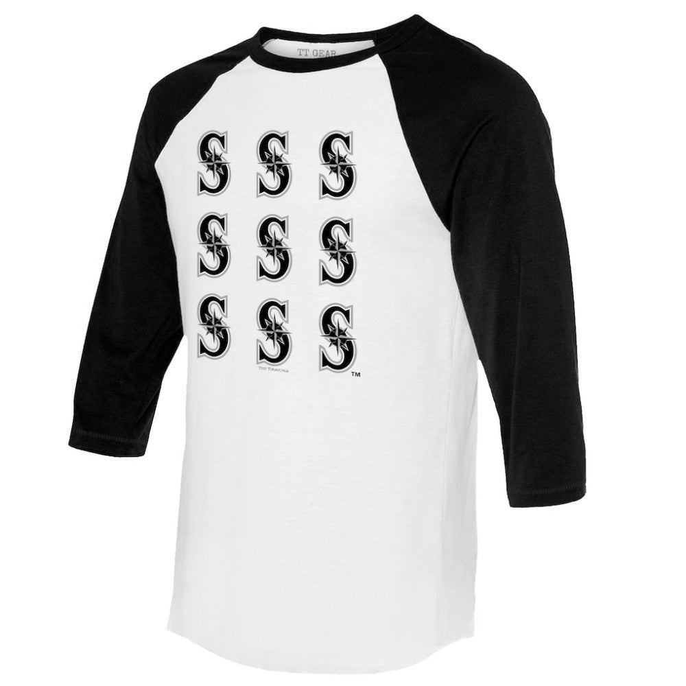 Seattle Mariners Tiny Turnip Women's Logo Grid 3/4 Sleeve Raglan T-Shirt - White/Black T-shirts