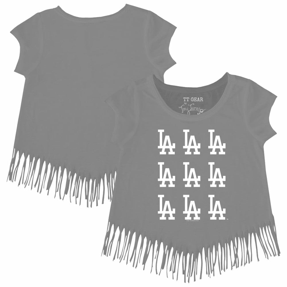 Los Angeles Dodgers Tiny Turnip Girls Youth Logo Grid Fringe T-Shirt - Gray T-shirts
