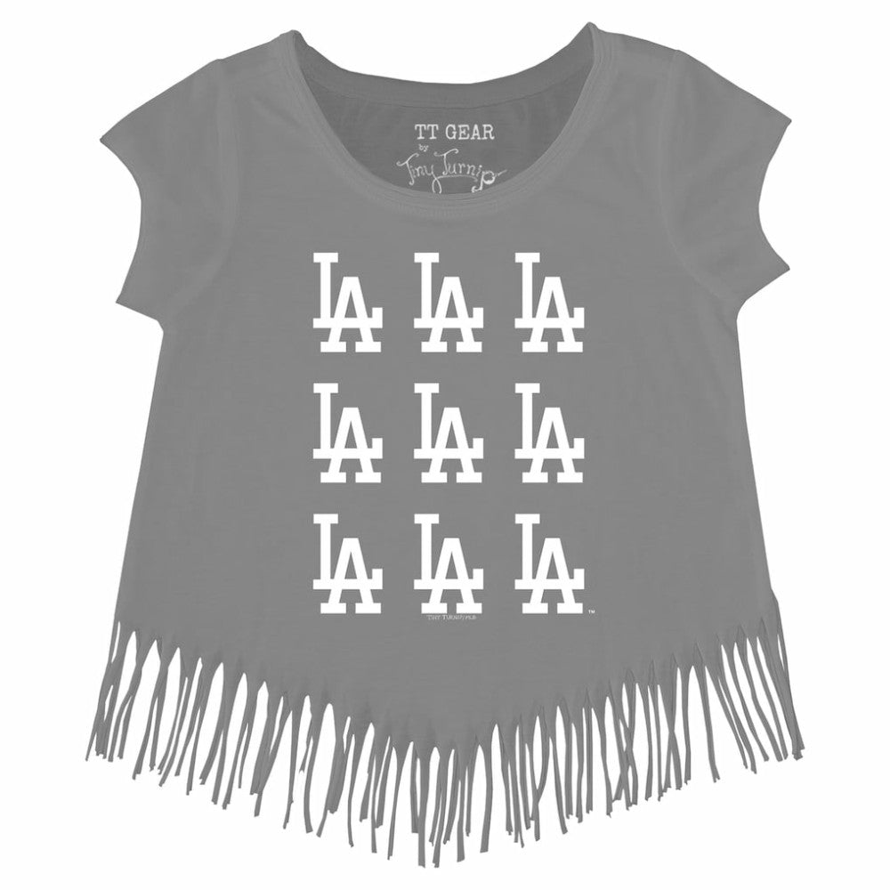 Los Angeles Dodgers Tiny Turnip Girls Youth Logo Grid Fringe T-Shirt - Gray T-shirts