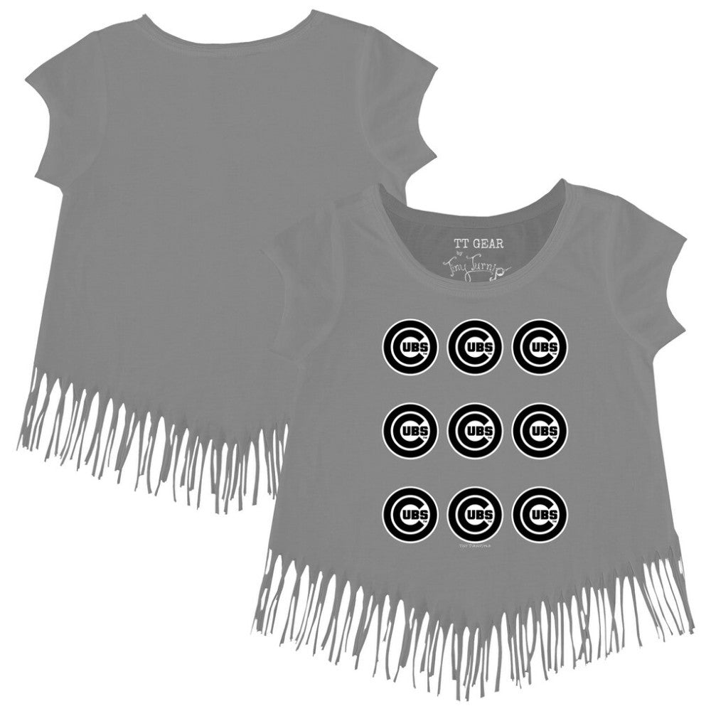 Chicago Cubs Tiny Turnip Girls Youth Logo Grid Fringe T-Shirt - Gray T-shirts