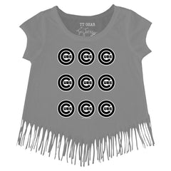 Chicago Cubs Tiny Turnip Girls Youth Logo Grid Fringe T-Shirt - Gray T-shirts