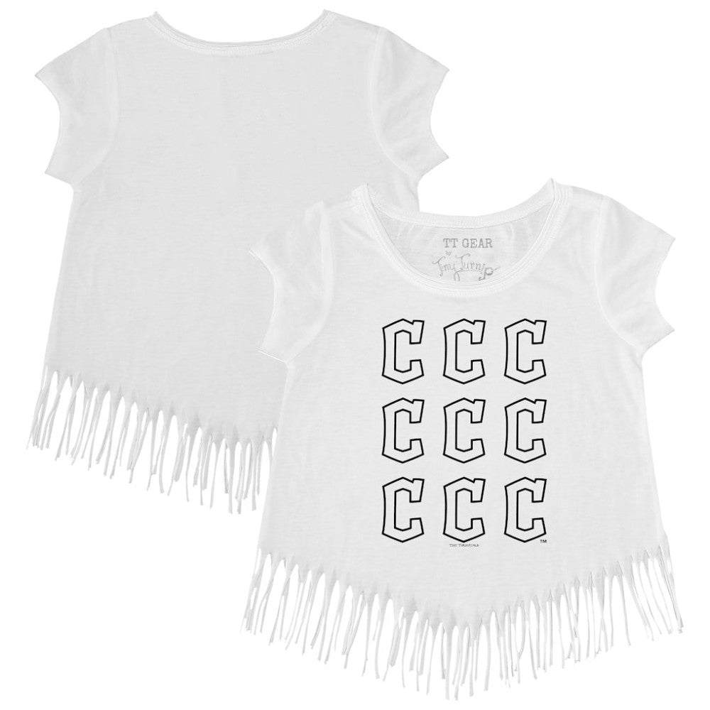 Cleveland Guardians Tiny Turnip Girls Youth Logo Grid Fringe T-Shirt - White T-shirts