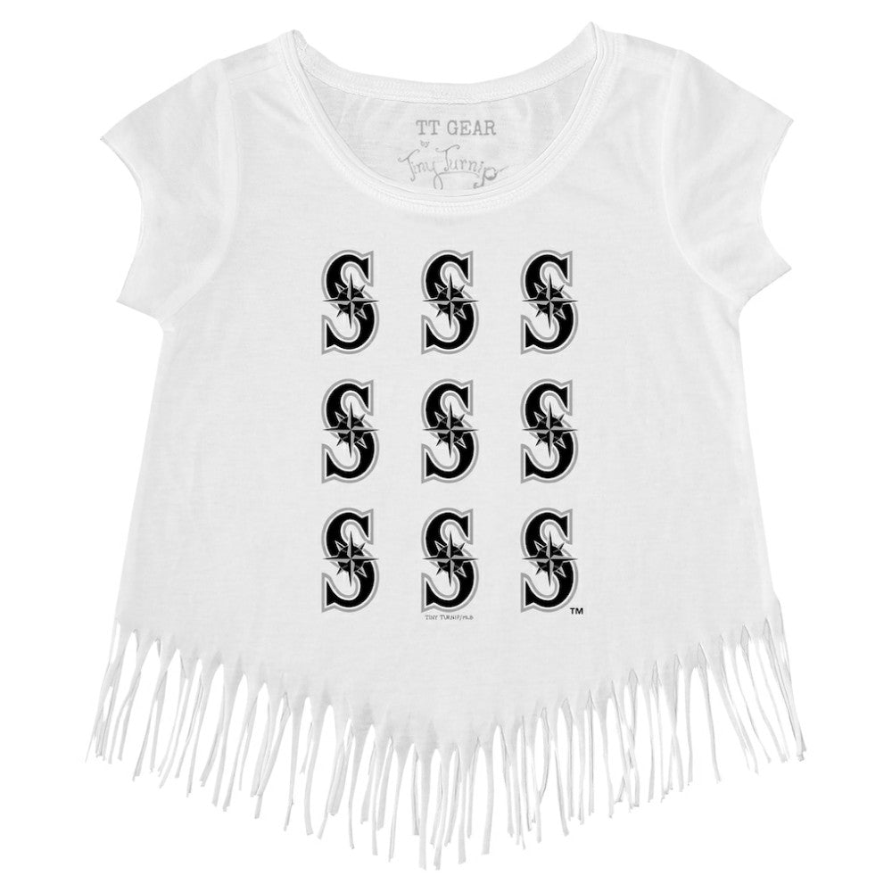 Seattle Mariners Tiny Turnip Girls Youth Logo Grid Fringe T-Shirt - White T-shirts